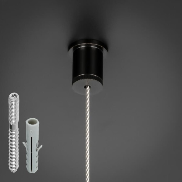 Deckenbefestigung Seil für Kugelseil 1,5-2mm | schwarz | Stockschraube Lieferumfang auf dunklem Untergrund