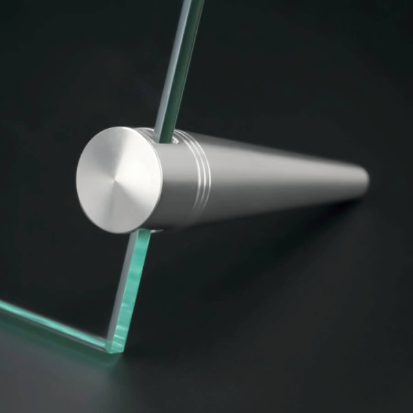 Bild | Foto Aufsteller Edelstahl für Glas Plexiglas montiert an Scheibe auf dunkler Fläche