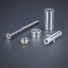Schildbefestigung Edelstahl V2A Ø 10x20mm Lieferumfang auf dunklem Untergrund