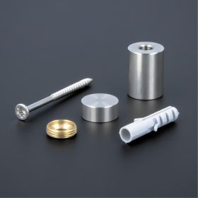 Schilderbefestigung Edelstahl V2A Ø18x20mm Lieferumfang liegend auf dunklem Untergrund