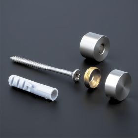 Schildbefestigung Edelstahl V2A Ø 18x10mm Einzelteile auf dunklem Untergrund