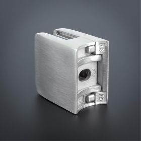 Glasklemme 52x52mm Edelstahl + Sicherung stehend Rückseite auf dunklem Untergrund