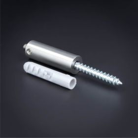 Abstandshalter verdeckte Montage Ø13x40mm mit Stockschraube und Dübel auf dunklem Untergrund