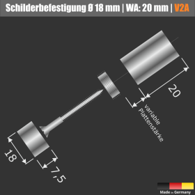 Schilderbefestigung Edelstahl V2A Ø18x20mm Skizze aud schwarzem Untergrund
