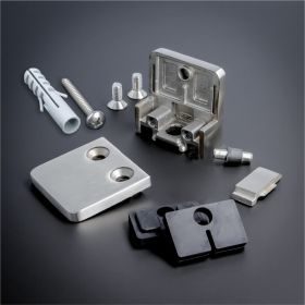 Glasklemmhalter Edelstahl eckig Lieferumfang auf dunklem Untergrund