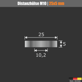 Distanzhülse M8 | M10 Distanzhalter Edelstahl Ø 25mm Skizze mit Maße auf schwarzen Untergrund