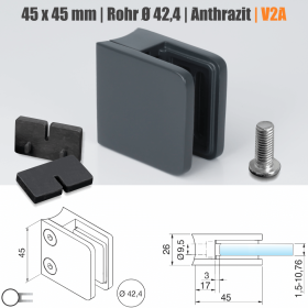Edelstahl-Halter für Glas eckig 45x45mm anthrazit RAL7016 Skizze mit Maße
