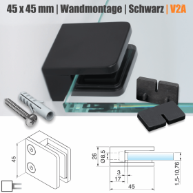 Glashalter Edelstahl schwarz RAL9005 eckig 45x45 mm PS: 1,5-10,76 mm Skizze mit Maße