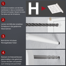 Edelstahlbolzen Buchstabenbefestigung Anleitung auf dunklem Untergrund