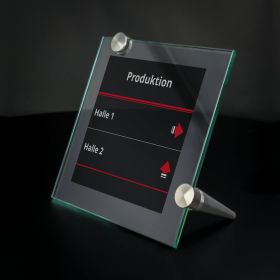 Tischaufsteller Klemme Edelstahl Bilder Beispiel mit Tischaufsteller auf dunklem Untergrund