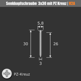 Schraube 3x30 mm Edelstahl V2A - A2 Senkkopf verstärkter Kopf | Kreuz Skizze auf dunklem Untergrund