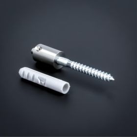 Schilderhalter Edelstahl Ø13x20mm Logobefestigung mit Stockschraube und Dübel auf dunklem Untergrund