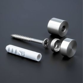 Schildbefestigung Edelstahl V2A Ø 18x15mm Aufbau auf dunklem Untergrund