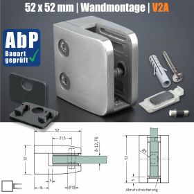 Glashalter Edelstahl 52x52mm mit Sicherung Skizze mit Abmessungen
