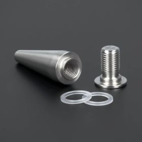 Tischaufsteller Platten mit Bohrung Edelstahl Lieferumfang auf dunklem Untergrund