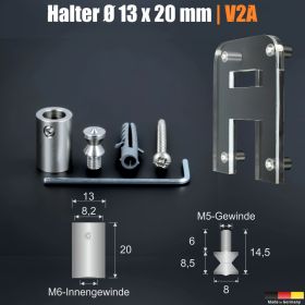 Buchstabenhalterung + Gewinde Edelstahl Ø13x20mm Skizze mit Abmessungen