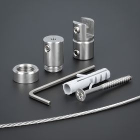 Deckenhalterung Set Edelstahl mit Seilbefestigung Einzelteile vor grauen Hintergrund