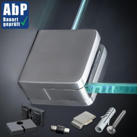 Glasklemmhalter Edelstahl eckig montiert mit Zubehör an dunkler Wand