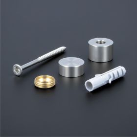 Schildbefestigung Edelstahl V2A Ø 18x10mm Lieferumfang auf dunklem Untergrund