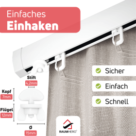 Gardinenröllchen mit Feststeller Beispiel Schiene mit Gardine