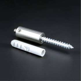 Distanzhalter verdeckte Montage Ø13x30mm mit Stockschraube und Dübel auf dunklem Untergrund