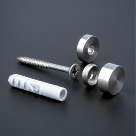 Schildbefestigung Edelstahl V2A Ø 18x5mm Zusammenbau auf dunklem Untergrund