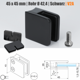 Edelstahl-Halter für Glas eckig 45x45mm schwarz RAL9005 Skizze mit Maße
