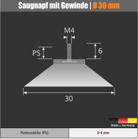 Saugnapf Ø 30 mm mit M4x6 mm Gewinde Skizze mit Maßen
