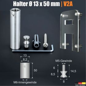 Schriften-Befestigung + Gewinde Edelstahl Ø 13x50mm Übersicht mit Skizze