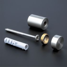 Schilderbefestigung Edelstahl V2A Ø18x20mm Zusammensetzung Montage auf dunklem Untergrund