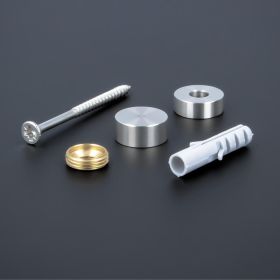 Schildbefestigung Edelstahl V2A Ø 18x5mm Lieferumfang auf dunklem Untergrund