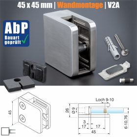 Glasklemmhalter Edelstahl eckig Skizze mit Abmessungen und Zubehör