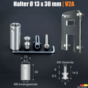 Buchstabenhalter + Gewinde Edelstahl Ø13x30mm Ubersicht mit Skizze