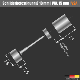 Schildbefestigung Edelstahl V2A Ø 18x15mm Skizze auf schwarzem Untergrund