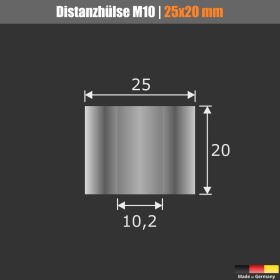 Distanzrohr M8 | M10 Abstandhalter Edelstahl Ø25mm Skizze mit Maßen und dunklem Hintergrund