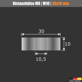 Distanzscheibe M8 | M10 Distanzstück Edelstahl Ø30x10mm Skizze mit Abmessungen auf schwarzem Untergrund
