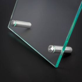 Tischaufsteller Edelstahl Ø 12mm zweimal montiert an Scheibe