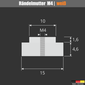 Rändelmutter Ø 15 mm für M4 Gewinde weiß Skizze mit Maße