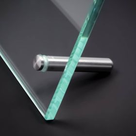 Tischaufsteller Edelstahl V2A montiert mit Scheibe auf dunkler Fläche