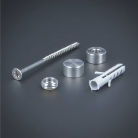 Schilderbefestigung Edelstahl V2A Ø 10x5mm Lieferumfang auf dunklem Untergrund