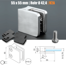 Glashalter Edelstahl V2A für Rundrohr Ø 42,4 Skizze mit Bemaßungen