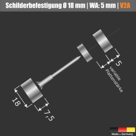 Schildbefestigung Edelstahl V2A Ø 18x5mm Skizze komplett auf schwarzem Untergrund