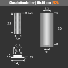 Glasplattenhalter lang Edelstahl Skizze der Wandhülse und des Kopfes mit der Einlage mit Maßen auf dunklem Hintergrund
