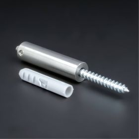 Schilderbefestigung verdeckte Montage Ø13x50mm mit Stockschraube und Dübel auf dunklem Untergrund