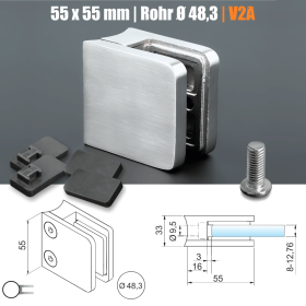 Glashalter Edelstahl V2A für Rundrohr Ø 48,3 Skizze mit Bemaßungen