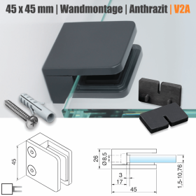 Glashalter Edelstahl anthrazit RAL7016 eckig 45x45 mm Skizze mit Maße
