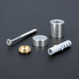 Schildbefestigung Edelstahl V2A Ø 18x15mm Lieferumfang auf dunklem Untergrund