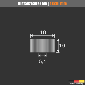 Schildbefestigung Edelstahl V2A Ø 18x10mm Distanzstück Maße auf schwarzem Untergrund