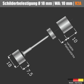 Schildbefestigung Edelstahl V2A Ø 18x10mm Skizze auf schwarzem Untergrund