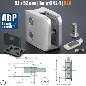 Glasklemme 52x52mm Edelstahl + Sicherung Skizze mit Maße